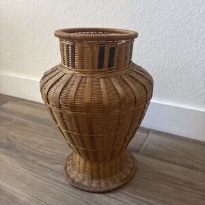 Vintage wicker Vase Bamboo rattan 13.5" Boho Chic rustic decor handicraft woven